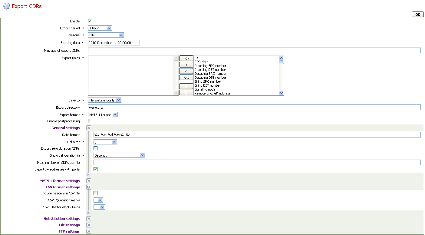 Export xDRs settings