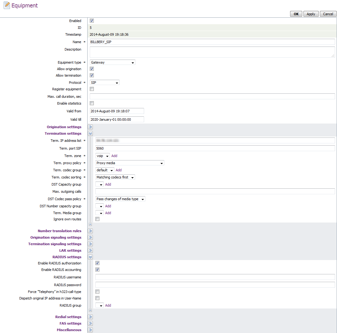 BILLBERY_SIP parameters