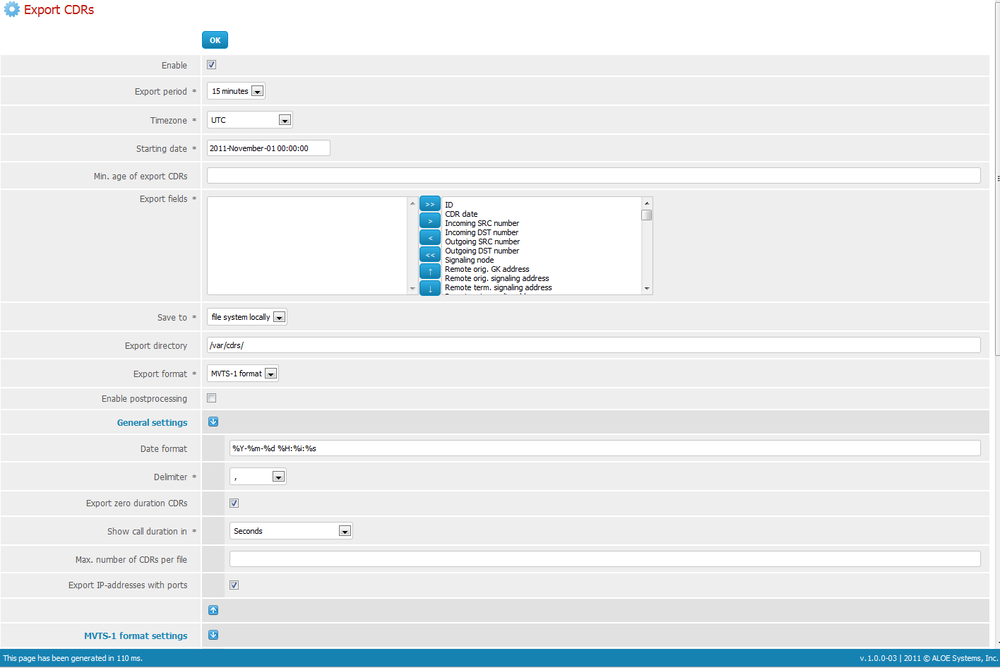 Export CDRs settings