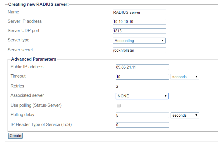 RADIUS server parameters