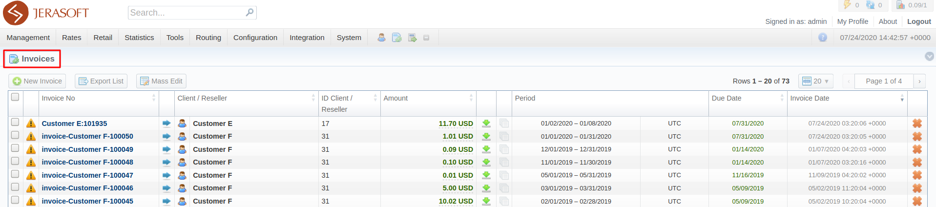 Invoices section