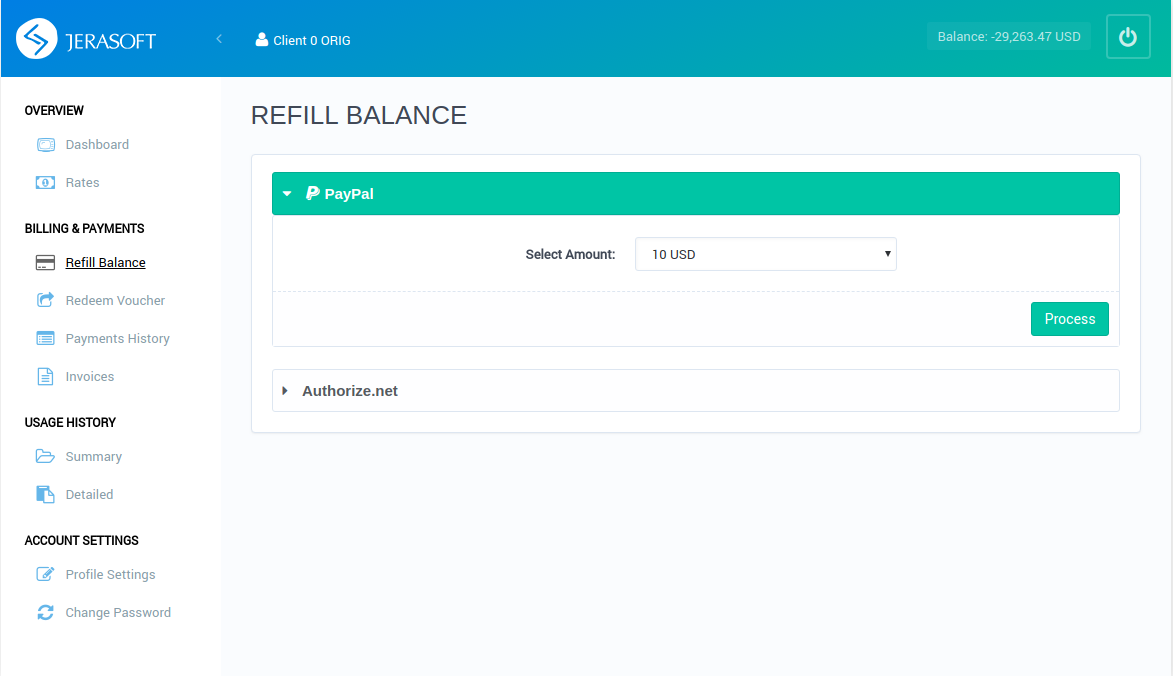 Refill balance settings/ Control panel