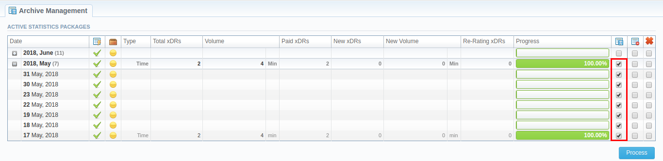 Archive Management section/Active statistics packages