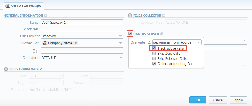 VoIP Gateways settings