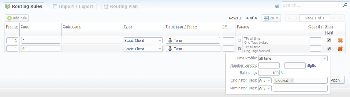 Routing Rules settings