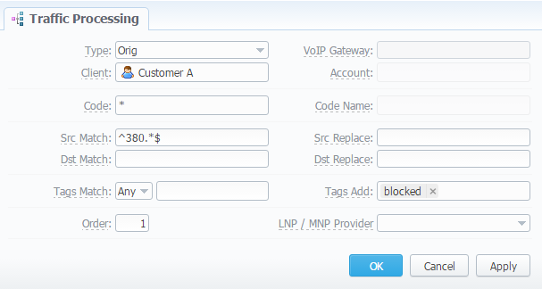 traffic Processing edit form