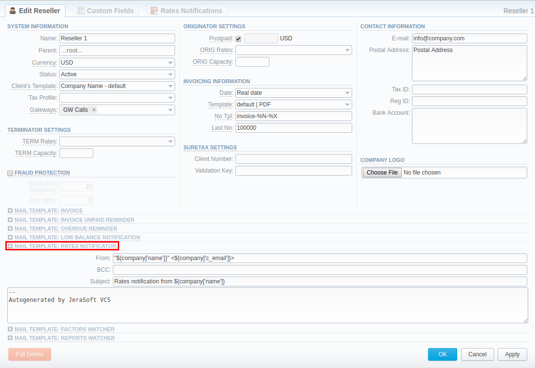 Reseller settings/Mail Template sub-panel