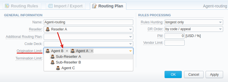 Origination Limit field in Routing Plan parameters