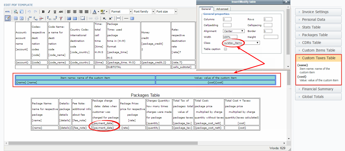 Invoice Template settings