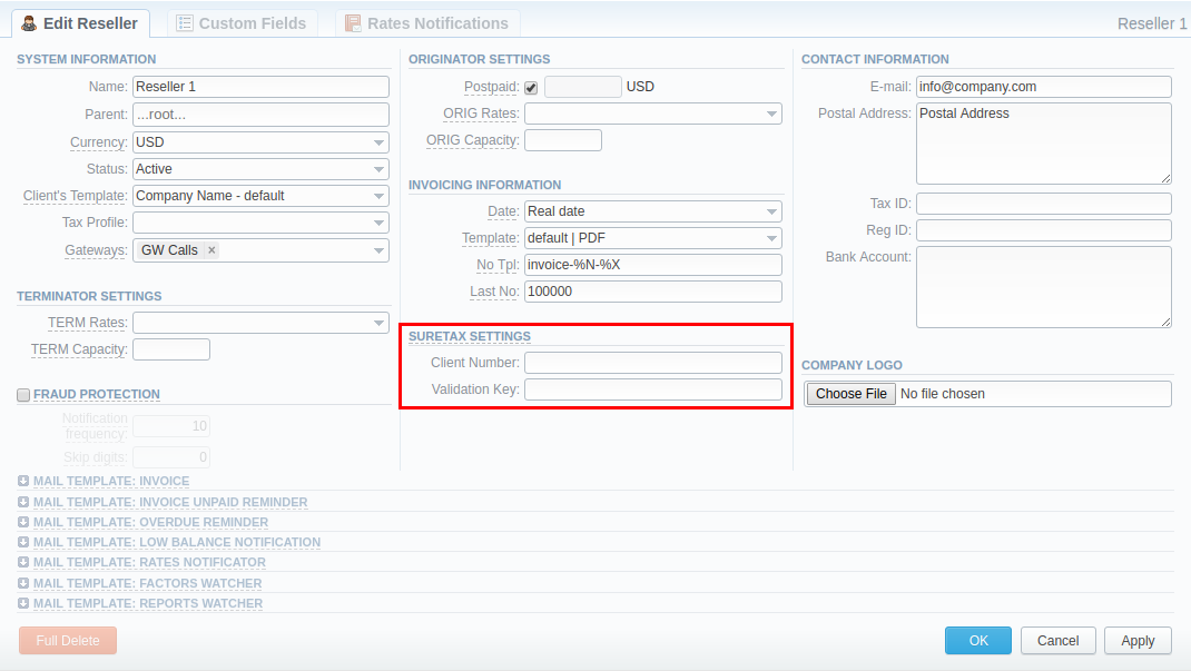 Reseller's settings