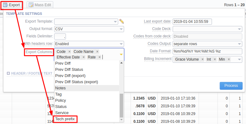 Tech Prefix in the Rate Table Export Template Settings