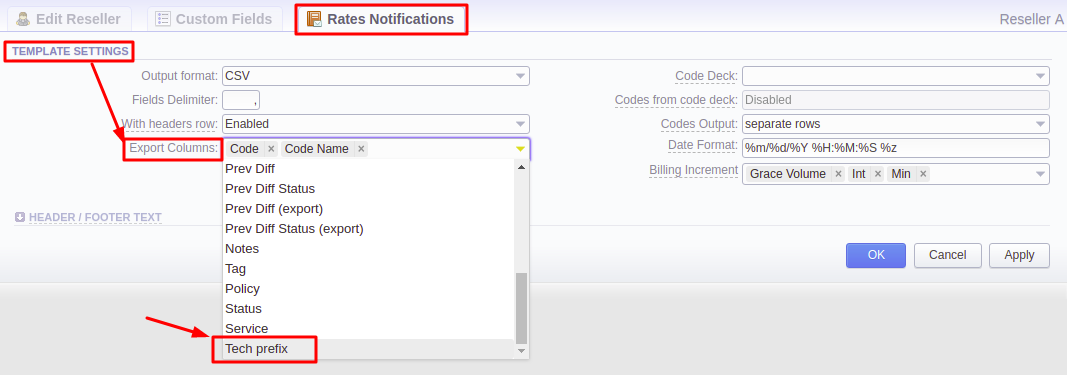 Tech Prefix in the Reseller's Rate Notification Settings