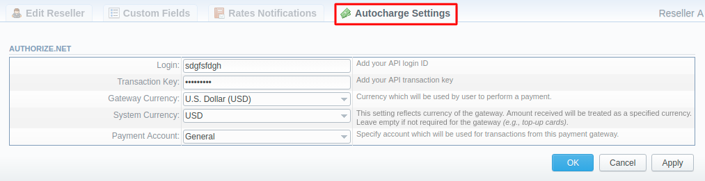 Autocharge Settings in Reseller