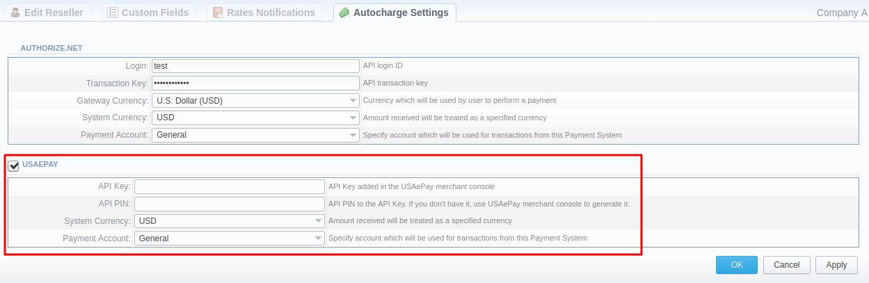 USAePay settings in Reseller's Autocharge Settings