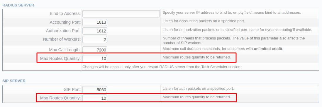 Radius / SIP Server Settings
