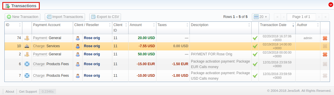 Transactions section main window