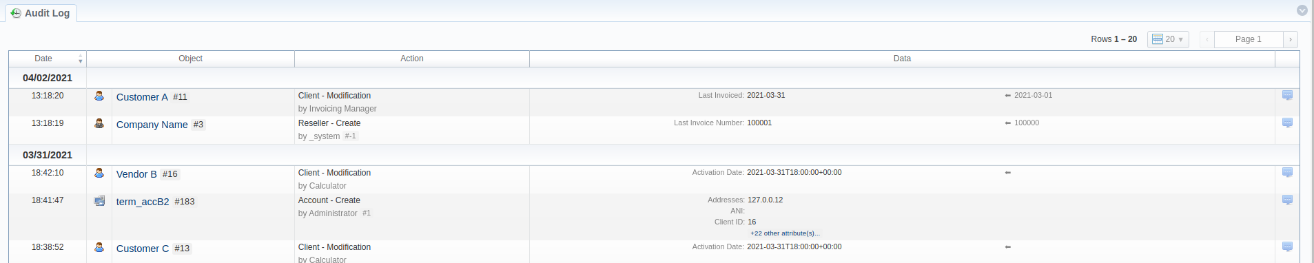 Audit Log section main window