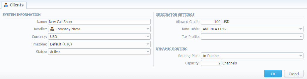 Creating new call shop / Clients form