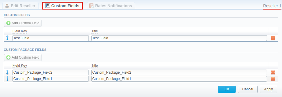 Custom Fields Reseller section