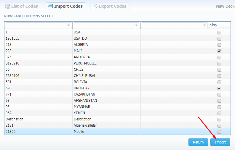 Import Codes - Step 2