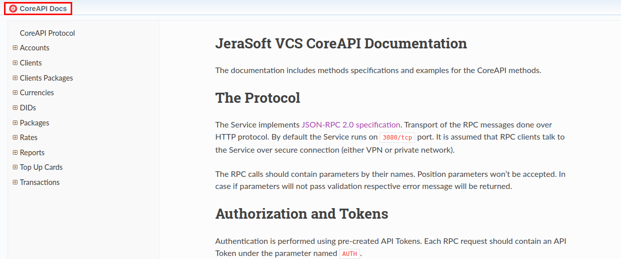 CoreAPI Docs section