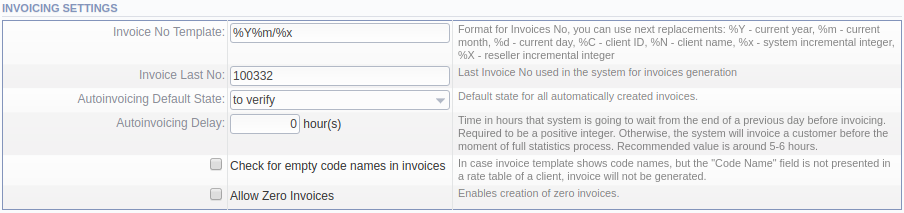 Invoicing Settings window