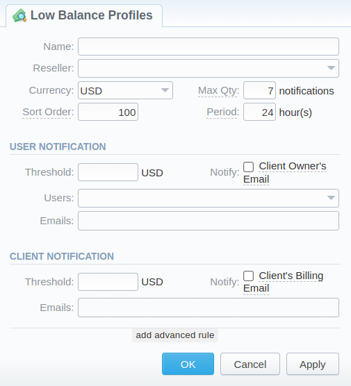 Adding a new low balance profile