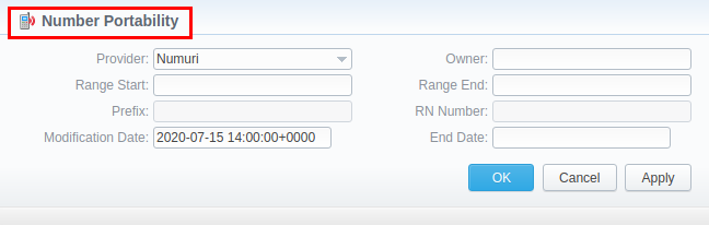 Number Portability range creation form