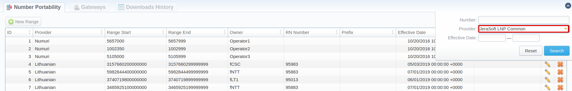 Number Portability section