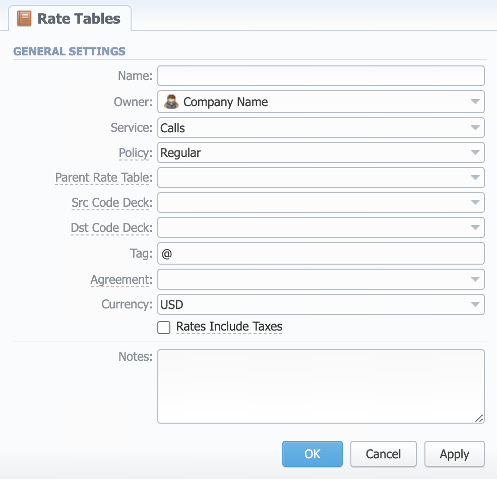 New rate table window