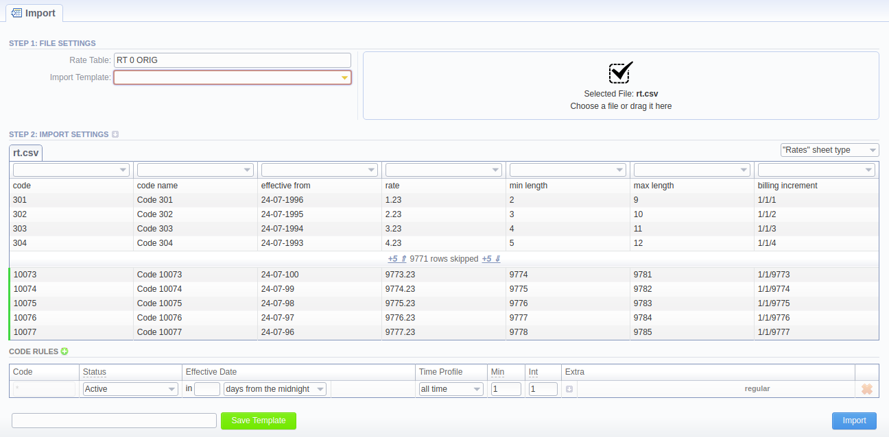 Rates importing process. Step 2