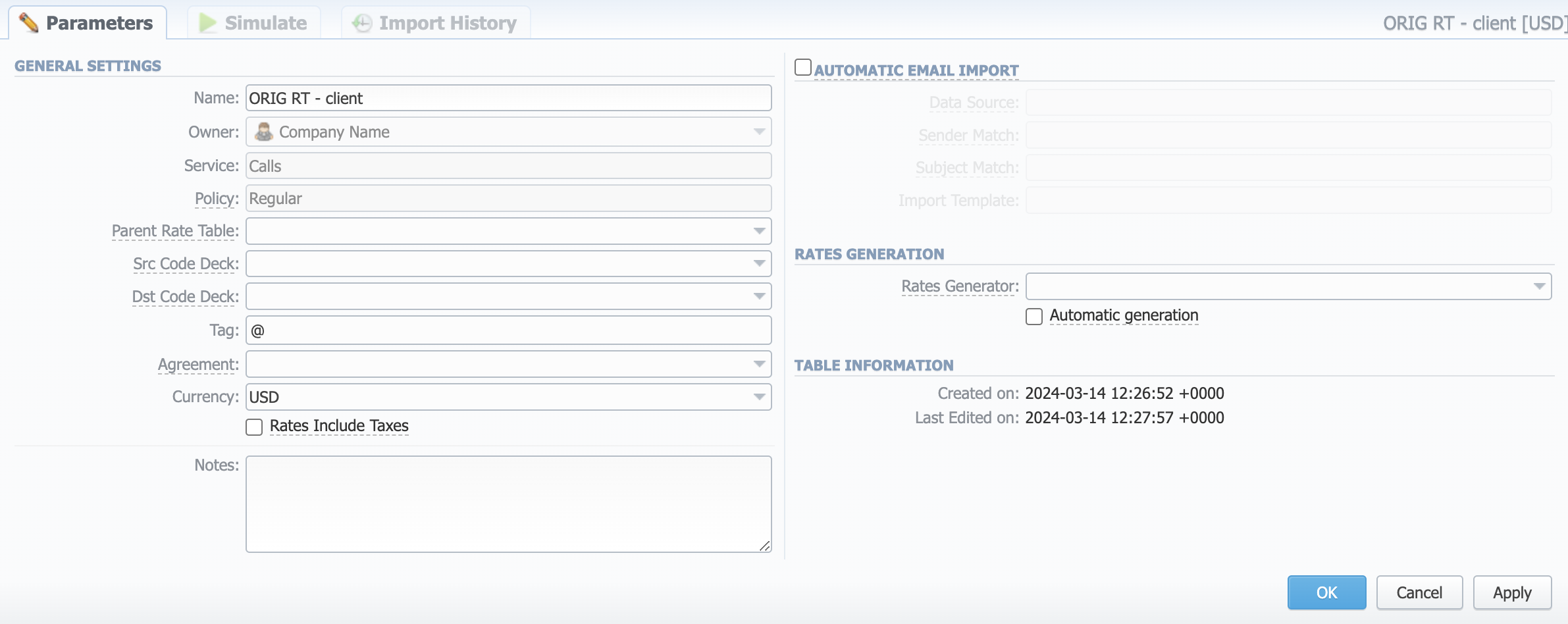 Parameters tab