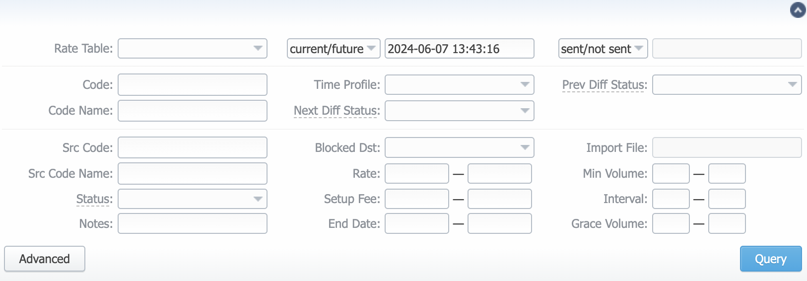 Rates tab search settings