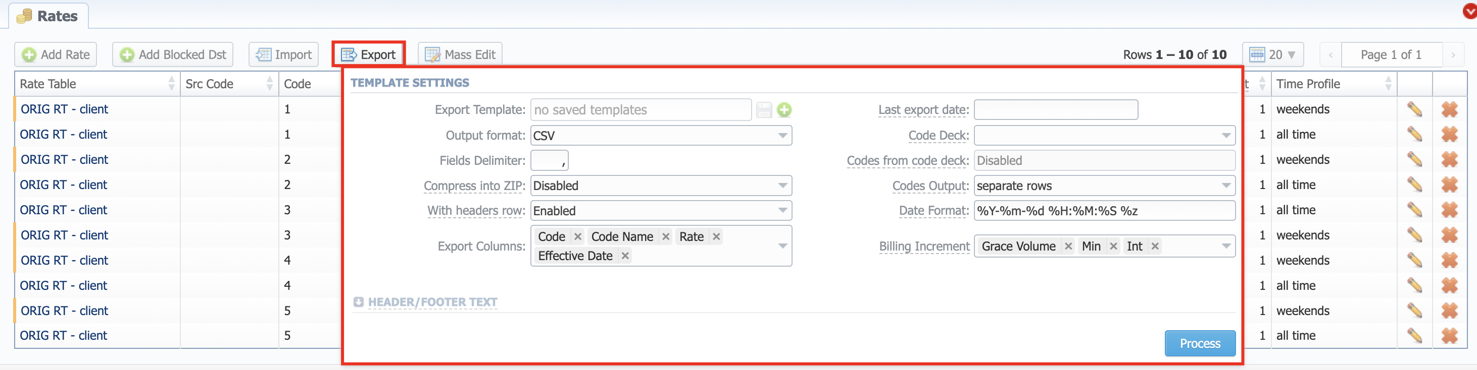Rates export button