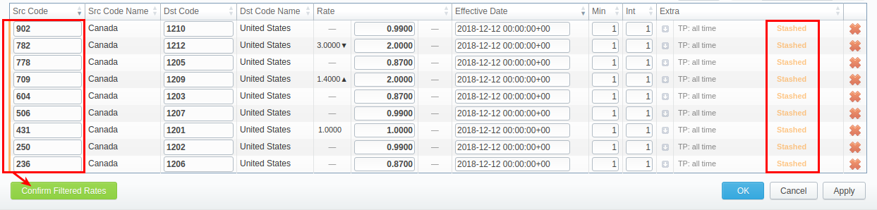 Rates tab settings