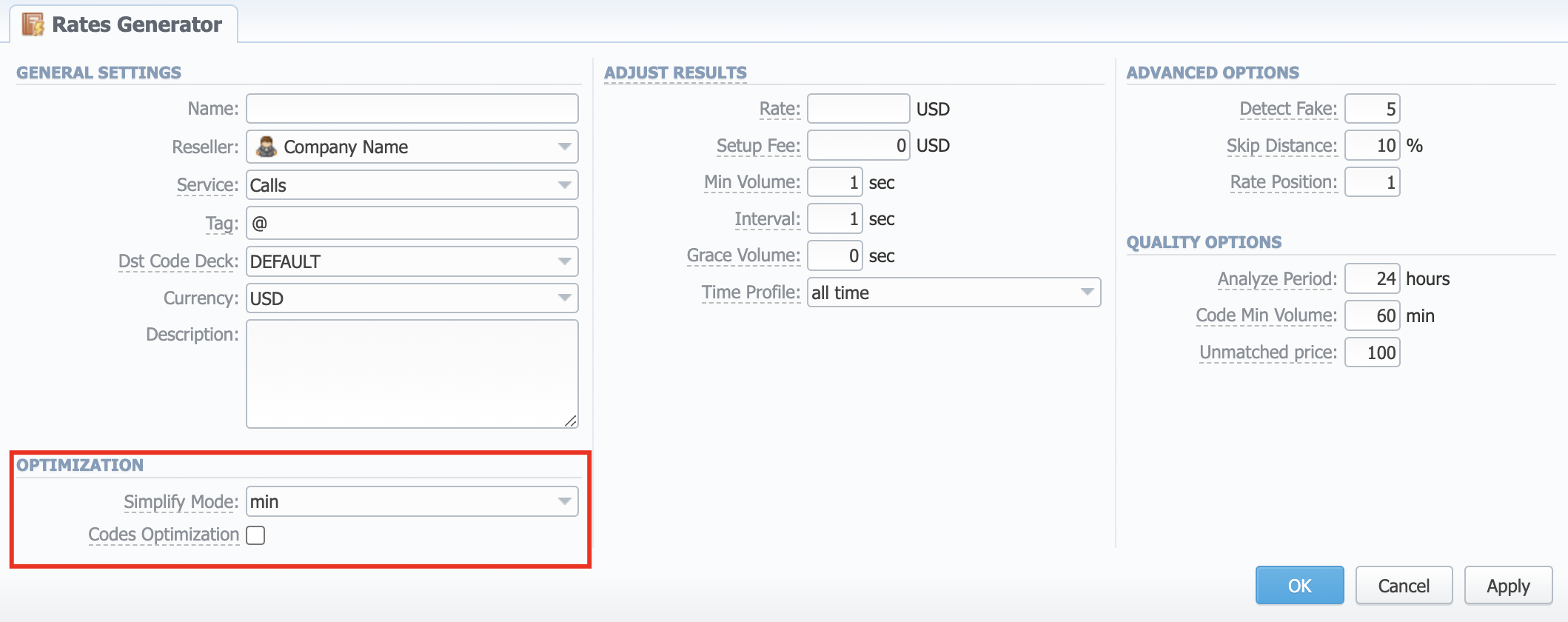 Rates Generator form/Optimization checkbox