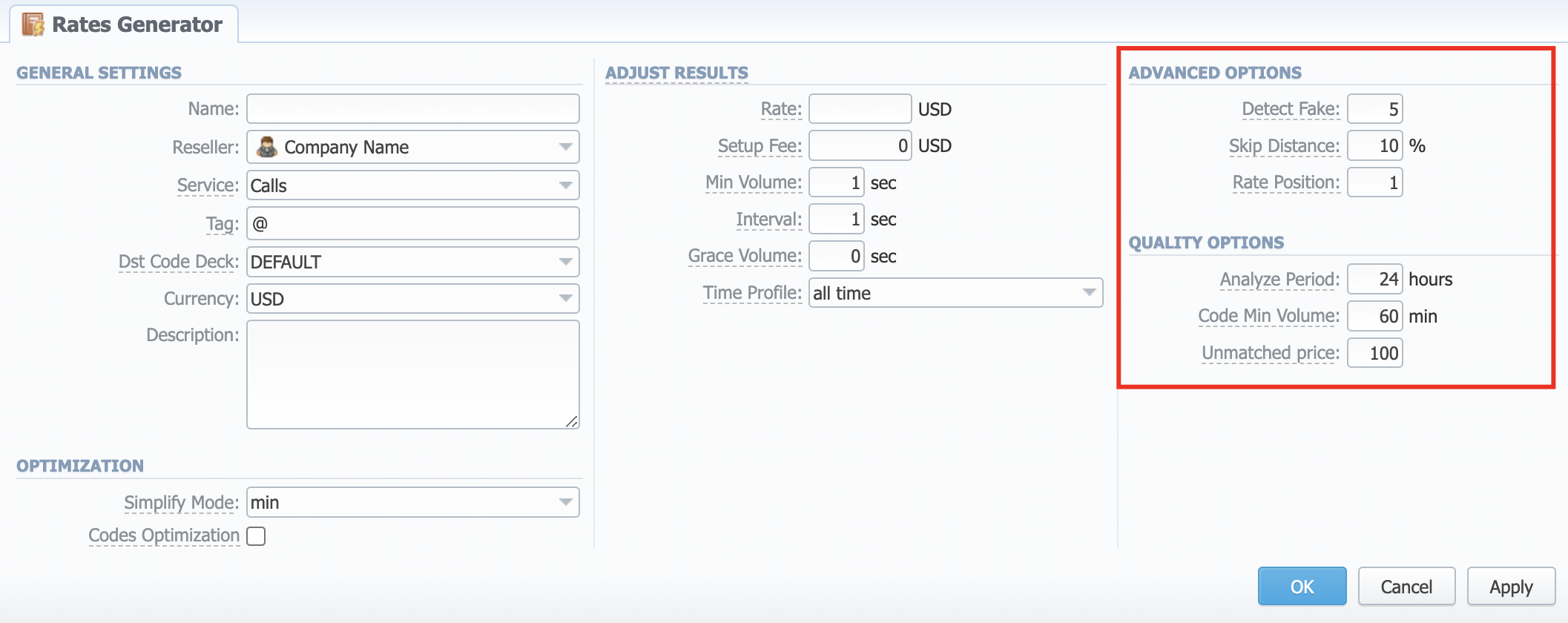 Advanced and Quality Options information block