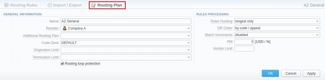 Routing Plan tab