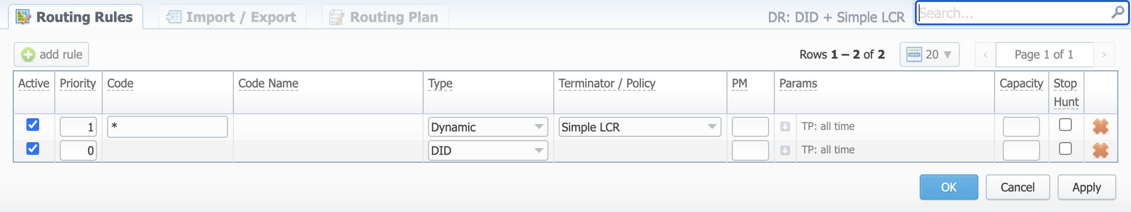 Routing Rules tab