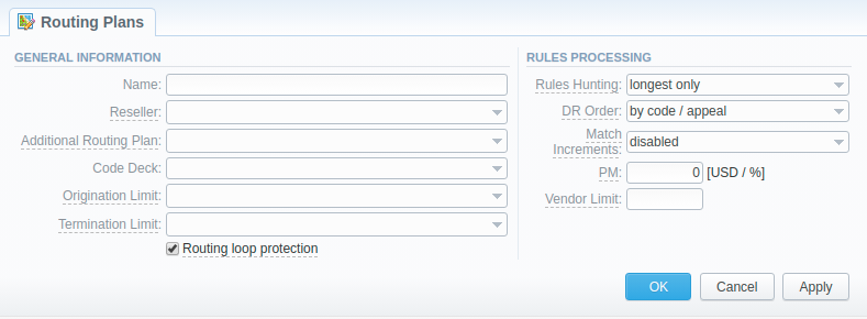 Routing Plans window