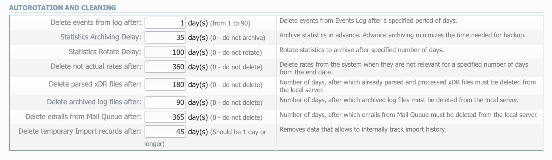 Autorotation and Cleaning settings window