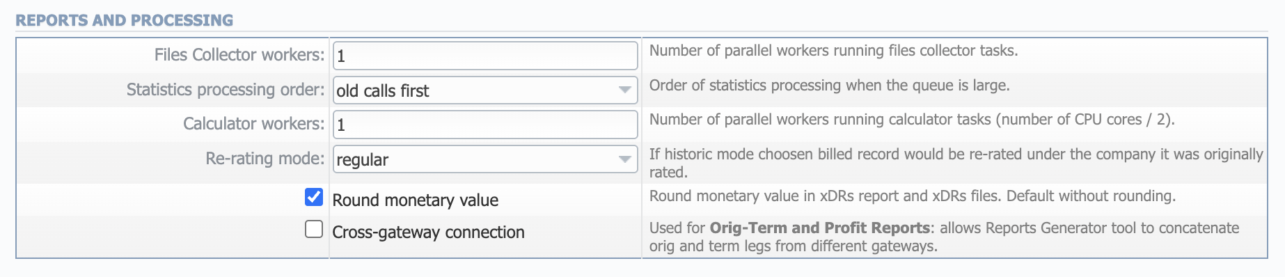 Reports and Processing Settings window