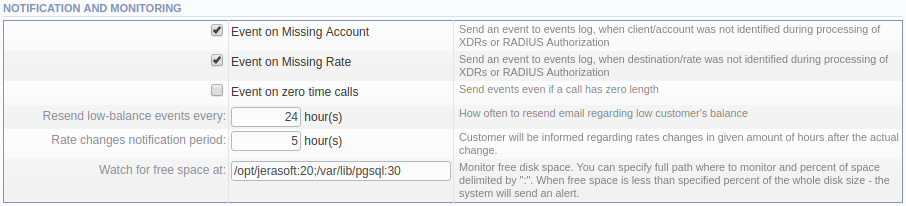 Notification and Monitoring settings window