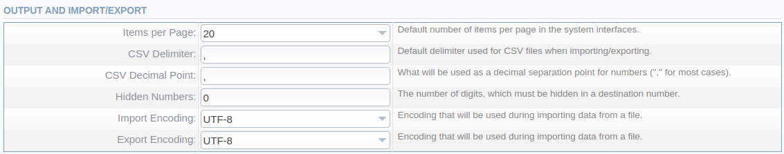 Output and Import/Export settings window