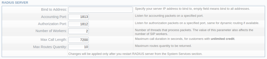 RADIUS Server settings window