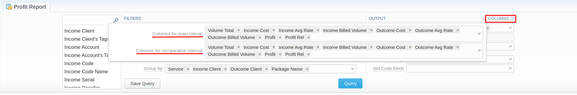 profit report columns