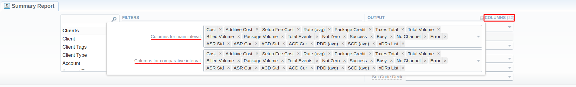 summary report columns