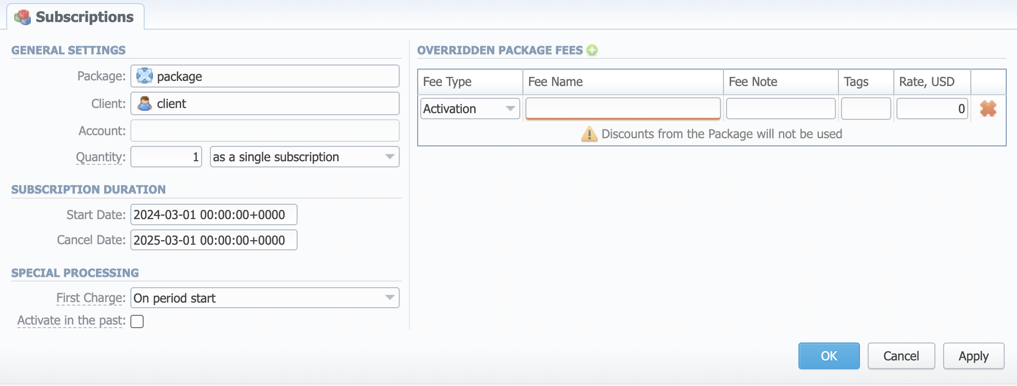 Subscriptions add form