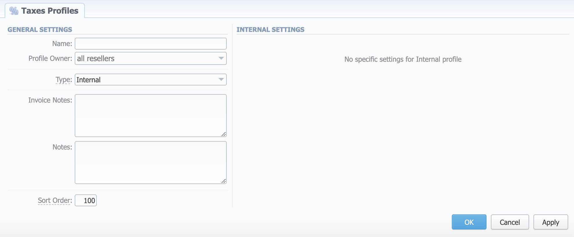 New Taxes Profile window (Internal)