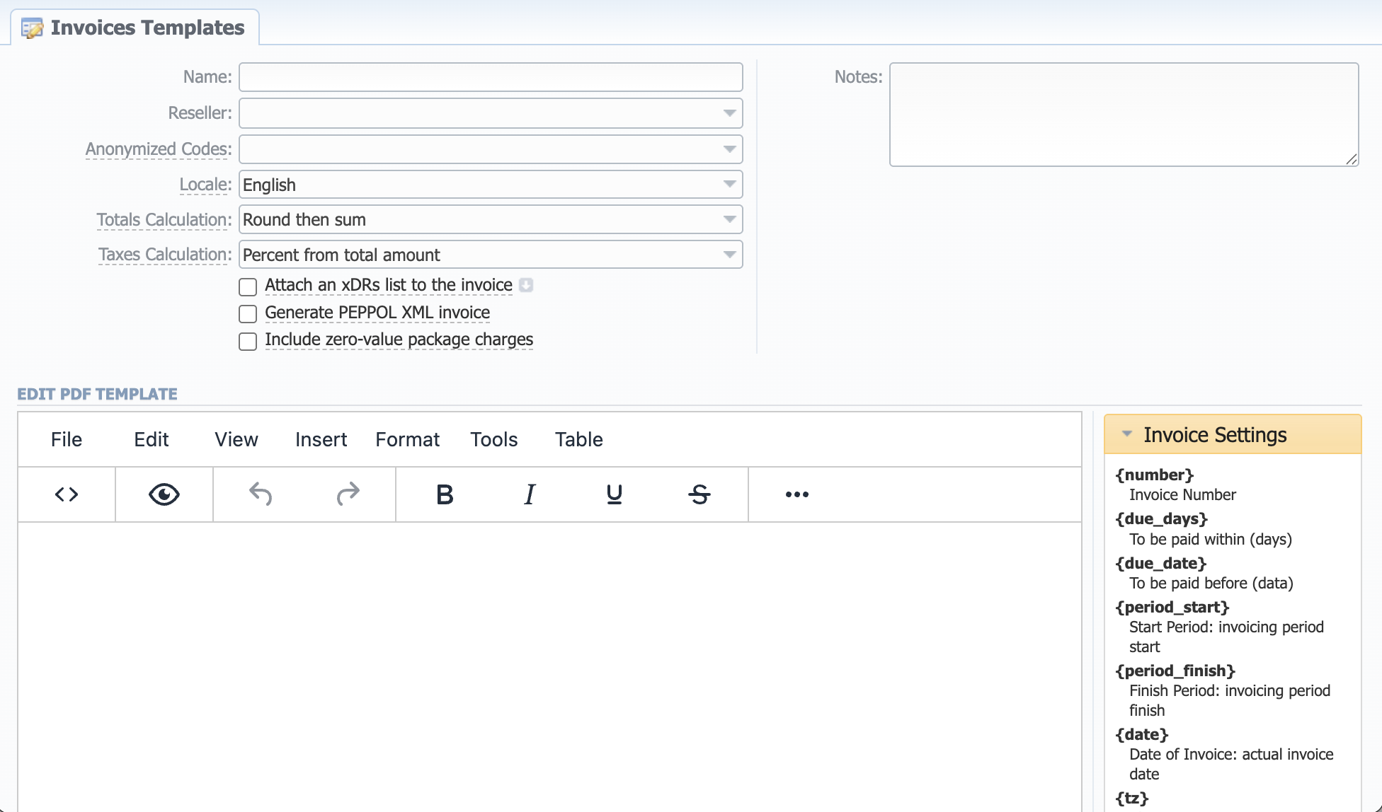 New PDF invoice template creation form